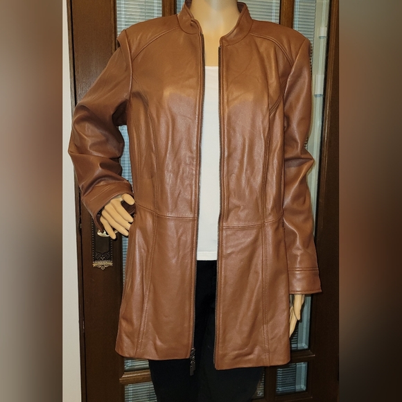 QVC's Denim & Co Cognac Brown Zip Front Leather Jacket Petite Large NWOT - Picture 3 of 8